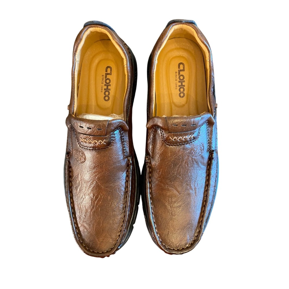 CLOHCO Men Brown Leather Slip-On Loafers Moc Toe Casual Shoes Size 40 / 7.5